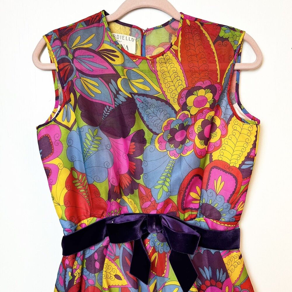 Nardiello For Rona Dress Vintage 1960s Colorful Floral 100% Silk Sz 12 Rare